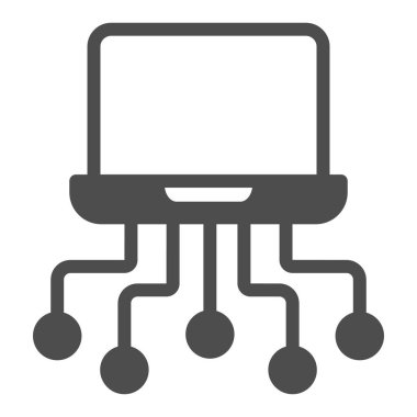 Beyaz arkaplanda ağ somut ikonu, çevrimiçi eğitim kavramı, iletişim ve İnternet işareti, not defteri simgesiyle Dijital Ağ Bağlantısı olan dizüstü bilgisayar. Vektör grafikleri.