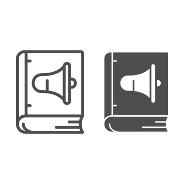 Audiobook hattı ve sağlam ikon, çevrimiçi eğitim konsepti, beyaz arka planda çevrimiçi webinar işareti, mobil konsept ve web tasarımı için özet biçimli megafon ve kitap ikonu. Vektör grafikleri.