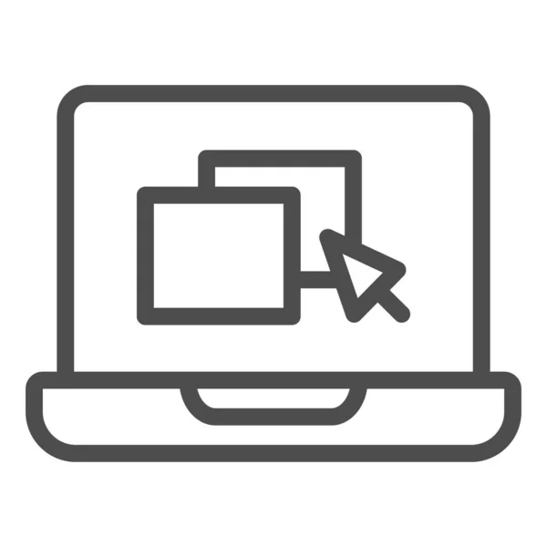 Laptop mit Fenster und Zeigerzeilen-Symbol, Online-Bildungskonzept, Website auf Laptop-Schild auf weißem Hintergrund, mehrere Web-Seite auf dem Bildschirm-Symbol in Umrissen Stil für mobile. Vektorgrafik. — Stockvektor