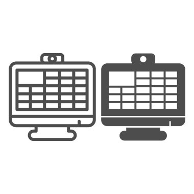 Webcam monitörü ve çevrimiçi konferans hattı ve sağlam ikon, çevrimiçi eğitim konsepti, beyaz arkaplan üzerinde online video iletişimi imzası, ekran simgesi üzerine video konferansı. Vektör.