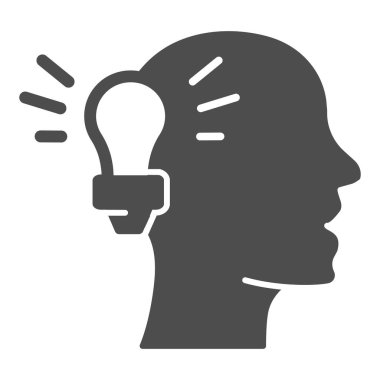 Ampul ve insan kafası katı ikonu, çevrimiçi eğitim konsepti, beyaz arka planda fikir ampulü sembolü, mobil için sembol şeklinde yeni bir fikir simgesi düşünen insan başı. Vektör grafikleri.