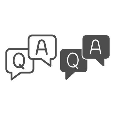 Soru ve cevap diyalogları satırı ve sağlam ikon, çevrimiçi eğitim konsepti, beyaz arkaplan, sorular ve ana hatlar biçiminde cevap simgesi üzerine konuşma baloncuğu işareti. Vektör grafikleri.