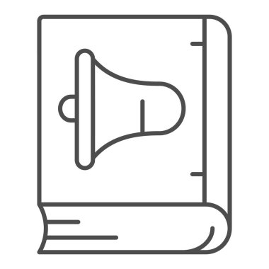 Audiobook ince çizgi ikonu, çevrimiçi eğitim konsepti, beyaz arka planda online webinar tabelası, mobil konsept ve web tasarımı için ana hatlar tarzında megafon ve kitap ikonu. Vektör grafikleri.