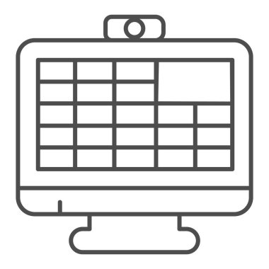 Webcam monitörü ve çevrimiçi konferans ince çizgi ikonu, çevrimiçi eğitim konsepti, beyaz arkaplanda çevrimiçi video iletişim imzası, ekran simgesinde ana hatlarıyla video konferansı. Vektör.