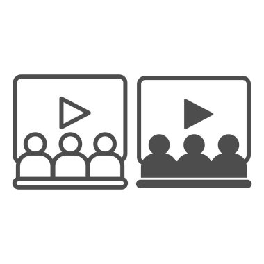 Video sunumu ve kullanıcı satırı ve sağlam ikon, çevrimiçi eğitim konsepti, beyaz arkaplan üzerine iş eğitimi tabelası, slayt gösterisi ve öğrenci simgesi mobil ve web için ana hatlar şeklinde. Vektör grafikleri.