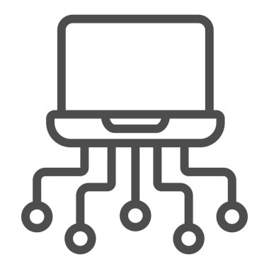 Ağ çizgisi simgesi, çevrimiçi eğitim konsepti, beyaz arkaplanda iletişim ve internet işareti, dizüstü bilgisayar simgesi olan dijital ağ bağlantısı ana hatlar biçiminde. Vektör grafikleri.