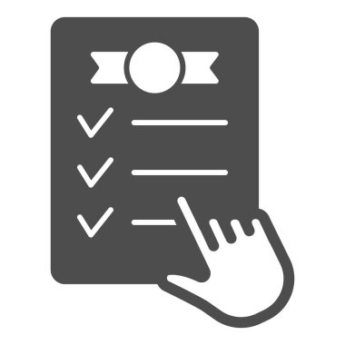 Diploma ve el işaretçisi katı simge, çevrimiçi eğitim konsepti, beyaz arka plan sertifika belgesi, el simgesi şeklinde mezuniyet sertifikası. Vektör grafikleri.