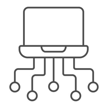 Beyaz arkaplanda ağ ince çizgi ikonu, çevrimiçi eğitim kavramı, iletişim ve internet işareti, dizüstü bilgisayarlı dijital ağ bağlantısı ve ana hatlar şeklinde bir dizüstü bilgisayar. Vektör grafikleri.