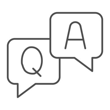 Sorular ve cevaplar diyaloglar ince çizgi simgesi, çevrimiçi eğitim kavramı, beyaz arkaplan, sorular ve ana hatlar biçiminde cevap simgesi üzerinde konuşma baloncuğu işaretinde bir kelime. Vektör grafikleri.