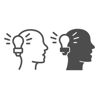 Ampul ve insan başlığı ve katı ikon, çevrimiçi eğitim konsepti, beyaz arka planda fikir ampulü sembolü, mobil için taslak biçimli yeni bir fikir ikonu düşünen insan başı. Vektör grafikleri.