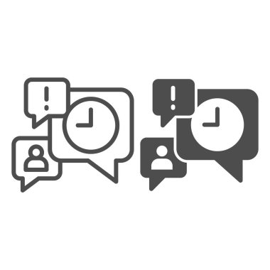 Saat, ünlem işareti ve kullanıcı profili çizgisi ile diyalog ve somut simge, çevrimiçi eğitim konsepti, beyaz arkaplan üzerindeki zaman yönetimi mesajlaşması, sohbet ve iletişim simgesi ana hatlarıyla iletişim simgesi.