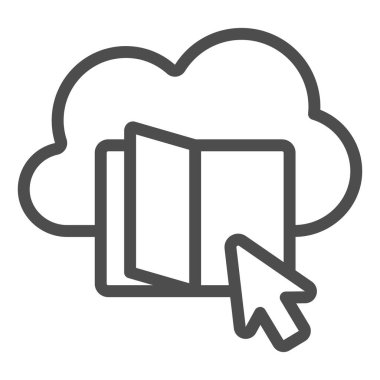 Online bulut çizgisi ikonu, çevrimiçi eğitim konsepti, beyaz arkaplanda Online Kütüphane tabelası, mobil ve web tasarımı için ana hatlı bulut simgesi olan okul kitabı. Vektör grafikleri.