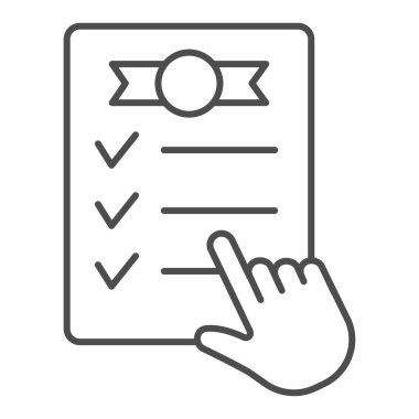 Diploma ve el işaretçisi ince çizgi simgesi, çevrimiçi eğitim konsepti, beyaz arkaplan sertifika belgesi, el simgesi şeklinde mezuniyet sertifikası. Vektör grafikleri.