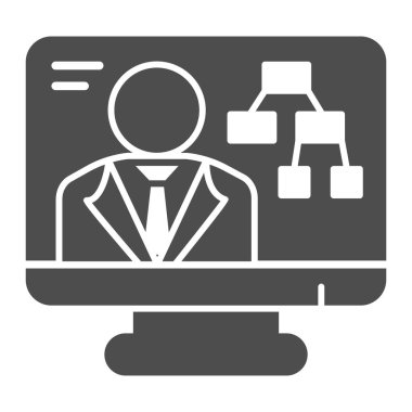 Öğretmenle çevrimiçi konferans, sağlam ikon, çevrimiçi eğitim kavramı, beyaz arka planda webinar eğitim tabelası, bilgisayar ekranı simgesinde eğitim videosu. Vektör grafikleri.