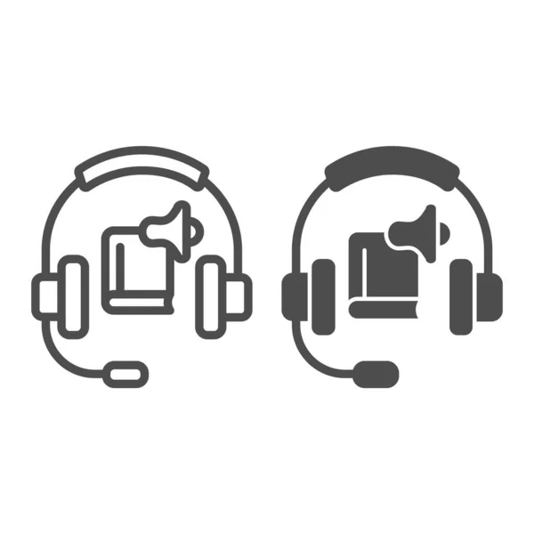 Sluchátka s audio linkou a pevnou ikonou, online vzdělávací koncept, podcast poslech nebo elektronické učení znamení na bílém pozadí, Audio kniha s ikonou sluchátek v obrysu stylu. Vektor. — Stockový vektor