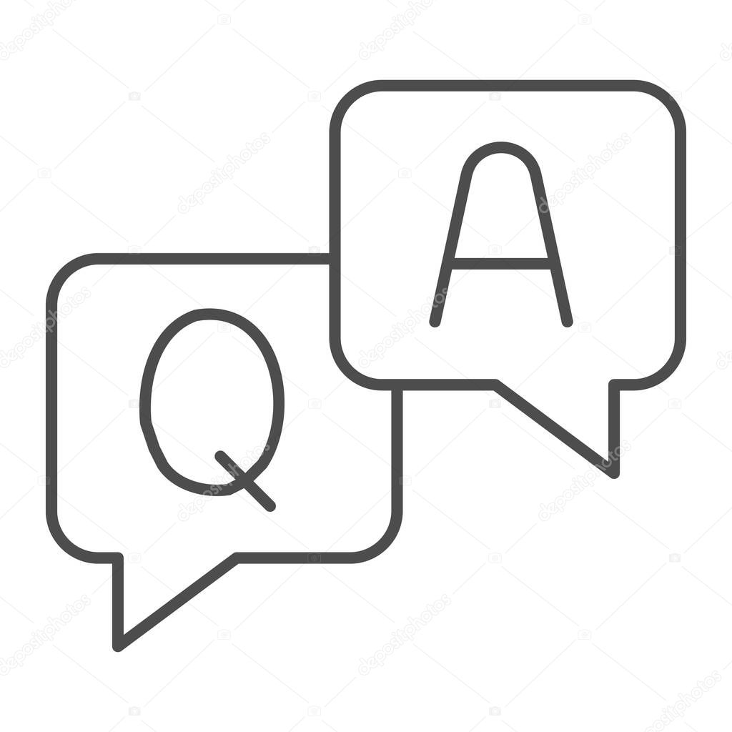 Question and answer dialogues thin line icon, online education concept, Q and A word in speech bubble sign on white background, Questions and answers icon in outline style. Vector graphics.
