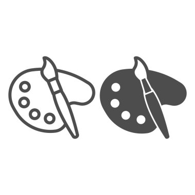 Palet ve fırça çizgisi ve katı ikon, çevrimiçi eğitim konsepti, beyaz arka planda sanat tabelası, boyanmış ahşap palet ve mobil ve web tasarımı için taslak biçimli fırça ikonu. Vektör grafikleri.