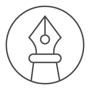 Daire şeklinde ince kalem, çevrimiçi eğitim konsepti, beyaz arka planda dolmakalem işareti, mobil konsept ve web tasarımı için ana hatlı eski mürekkep kalem simgesi. Vektör grafikleri.