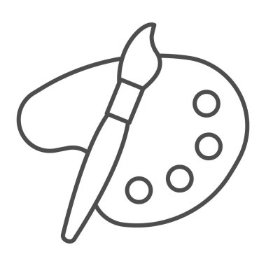 Palet ve fırça ince çizgi ikonu, çevrimiçi eğitim konsepti, beyaz arka planda sanat tabelası, boyanmış ahşap palet ve mobil ve web tasarımı için taslak biçimli fırça ikonu. Vektör grafikleri.