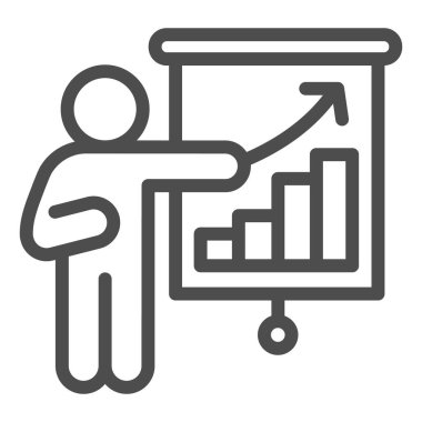 Sunum çizgisi ikonu, Corona ters konsepti, beyaz arkaplanda Business Presentation tabelası, kara tahta ikonunda ana hatlarıyla istatistik gösteren bir adam. Vektör grafikleri.