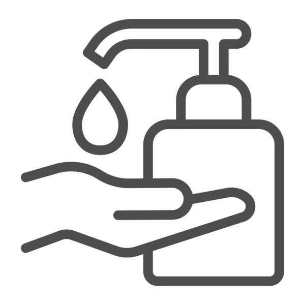 Антисептик с иконкой "Drop and hand line", концепция "Corona downturn", человек, делающий табличку гигиены рук на белом фоне, мытье ладони с иконкой жидкого мыла в стиле контура. Векторная графика. — стоковый вектор