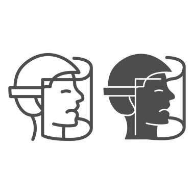 Koruyucu miğfer çizgisi, sağlam ikon, Corona ters konsept, beyaz arka planda yüz maskesi işareti, mobil ve web için yüz kalkanı ikonu olan adam. Vektör grafikleri.