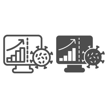 Virüs büyüme çizgisi ve katı ikonu olan bilgisayar, Corona ters konsepti, beyaz arka plan ile ilgili COVID-19 günlük istatistik imzası, koronavirüs salgın ikonu ana hatlarda artış simgesi. Vektör grafikleri.
