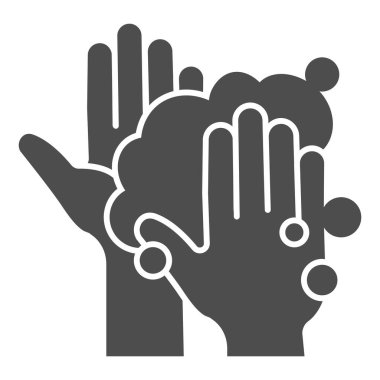 Sabunlu köpüklü katı ikon, Corona ters konsepti, beyaz arka planda el yıkama işareti, mobil ve web için kabartma stili Coronavirus ikonundan hijyen koruması. Vektör grafikleri.