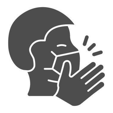 Maskeli adam katı ikon, Corona ters konsepti, beyaz arka planda öksürük işareti, el ikonu ile kaplanmış maskeli adam başı. Vektör grafikleri.