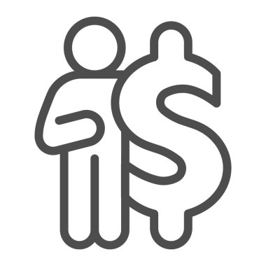 Dolar ve insan çizgisi ikonu, Corona ters konsepti beyaz arka planda dolar işaretinin yanında duran iş adamı cep telefonu ve internet için para sembolü olan kişi. Vektör grafikleri.