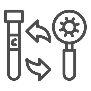 Test tüpü ve büyüteç çizgisi ikonu, Corona ters konsepti, beyaz arka planda covid-19 işareti için kan testi için cam tüp, ana hatlarda enfeksiyon analizi ikonu. Vektör.