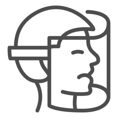 Koruyucu miğfer çizgisi ikonu, Corona ters konsept, beyaz arka planda yüz kalkanı maskesi işareti, mobil ve web için yüz kalkanı ikonu olan adam. Vektör grafikleri.