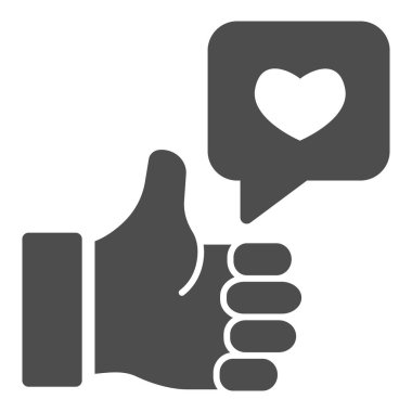 Başparmak Yumruk ve Kalp sohbet baloncuğu katı ikonu, başlangıç konsepti, beyaz arka planda el işareti gibi, mobil konsept ve web tasarımı için glifli sembol gibi. Vektör grafikleri.