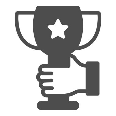 Elinde yıldız resmi olan ödül kupası, başlangıç konsepti, arka planda el ele tutuşan kase tabelası, mobil ve web tasarımı için el ele tutuşan kupa ikonu. Vektör grafikleri.