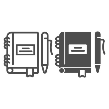 Kalem satırı ve sağlam simge içeren not defteri, başlangıç konsepti, beyaz arkaplanda kalem işareti olan Not Defteri, mobil konsept ve web tasarımı için ana hatlı ped simgesi yazma. Vektör grafikleri.