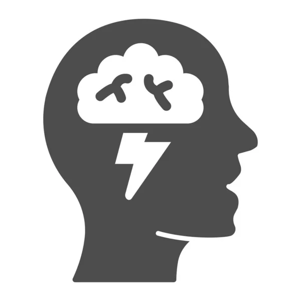 Ανθρώπινο κεφάλι με τον εγκέφαλο και αστραπή στερεό εικονίδιο, startup έννοια, brainstorm και ιδέες υπογράψει σε λευκό φόντο, Ανθρώπινο κεφάλι εικονίδιο brainstorming σε glyph στυλ για το κινητό. Διανυσματικά γραφικά. — Διανυσματικό Αρχείο