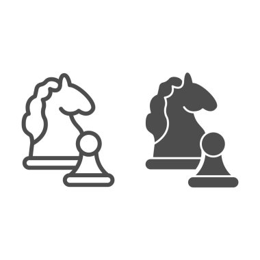 Şövalye ve piyon çizgisi ve sağlam ikon, başlangıç konsepti, strateji oyunu figürleri beyaz arkaplan üzerine imza, mobil konsept ve web tasarımı için iki satranç figürü ikonu. Vektör grafikleri.