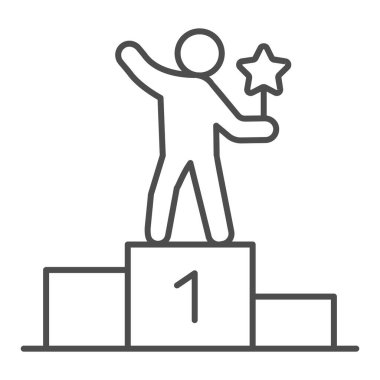 Erkek ince çizgi ikonu, başlangıç konsepti, beyaz arka planda podyum tabelasındaki kişi, mobil konsept ve web tasarımı için iş başarısı ikonu. Vektör grafikleri.