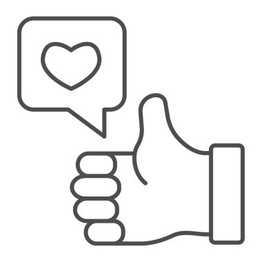 Başparmak Yumruk ve Kalp sohbet baloncuğu ince çizgi simgesi, başlangıç konsepti, beyaz arka planda el işareti gibi, mobil konsept ve web tasarımı için ana hatlar şeklinde hareket sembolü gibi. Vektör grafikleri.