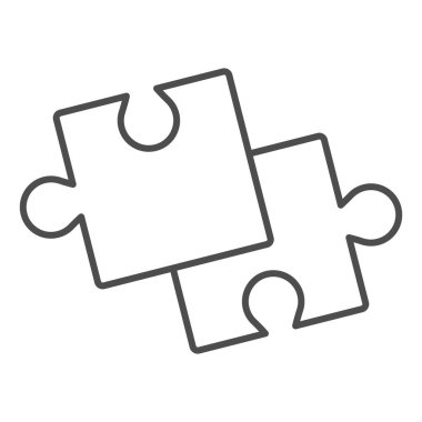 İki parça bulmaca ince çizgi simgesi, başlangıç konsepti, beyaz arkaplanda yapboz oyunu işareti, mobil konsept ve web tasarımı için ana hatlı iki yapboz bölümü simgesi. Vektör grafikleri.