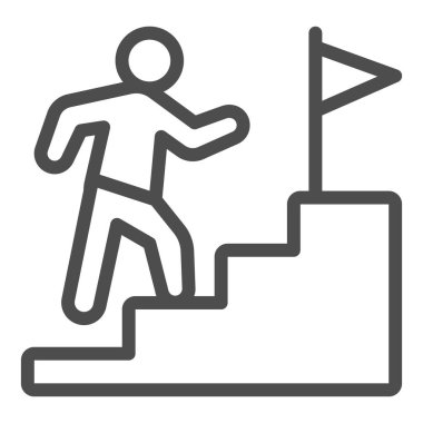 Bayrak ve erkek çizgisi ikonu olan kariyer merdiveni, başlangıç konsepti, beyaz arka planda iş büyümesi tabelası, iş adamı üst katta mobil ve web için taslak tarzı ikona tırmanıyor. Vektör grafikleri.