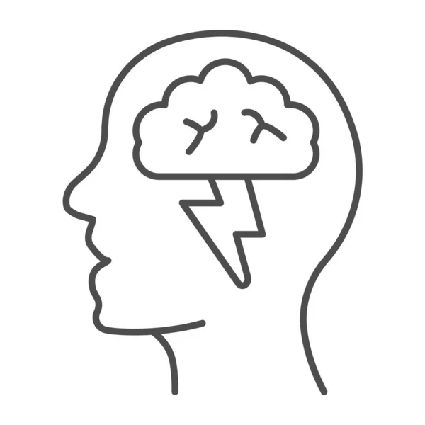 Human head with brain and lightning thin line icon, startup concept, brainstorm and ideas sign on white background, Human head brainstorming icon in outline style for mobile. Vector graphics. — Stock Vector