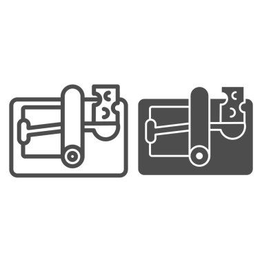 Peynir çizgisi ve katı ikonu olan fare kapanı, böcek kontrol konsepti, beyaz arka planda fare kapanı işareti, kemirgenler mobil konsept ve web tasarımı için ana hatlı ikon yemi. Vektör grafikleri.