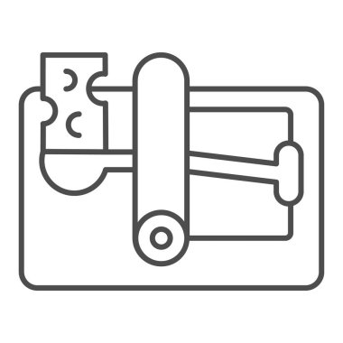 Peynir ince çizgi ikonlu fare kapanı, böcek kontrol konsepti beyaz arka planda fare kapanı işareti, kemirgenler mobil konsept ve web tasarımı için ana hatlı ikon yemi. Vektör grafikleri.