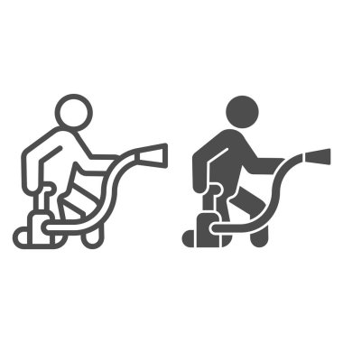 Böcek çizgisi ve katı ikon için zehir dolu bir balonu olan adam, böcek kontrol konsepti, beyaz arka planda böcek ilaçlama spreyi işareti, böcek ilaçlama ekipmanı ikonu taslak tarzı. Vektör grafikleri.