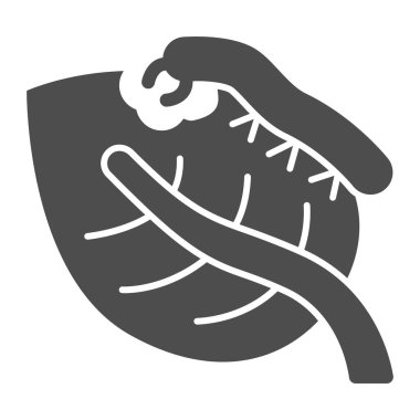 Bitki yaprağı ve Tırtıl katı ikonu, haşere kontrol kavramı, beyaz arka planda tırtıl böcek işareti, mobil tasarım için glifli bahçe kelebeği larvası ikonu. Vektör grafikleri.