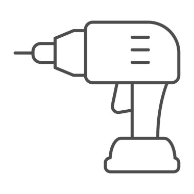 Elektrik matkabı ince çizgi simgesi, çalışma günü konsepti, beyaz arka planda tornavida imzası, mobil konsept ve web tasarımı için ana hatlı el matkabı simgesi. Vektör grafikleri.