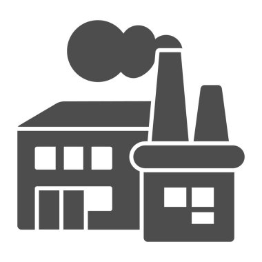 Bacalı ve dumanlı bir ikonu olan bir fabrika, çalışma günü konsepti, beyaz arka planda sanayi binası tabelası, mobil ve web için sembol şeklinde fabrika ikonu. Vektör grafikleri.