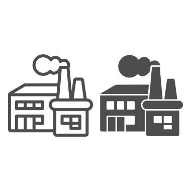 Bacalı ve dumanlı bir fabrika, sağlam bir ikon, çalışma günü konsepti, beyaz arka planda endüstriyel yapı tabelası, mobil ve web için taslak biçimli fabrika simgesi silueti. Vektör grafikleri.