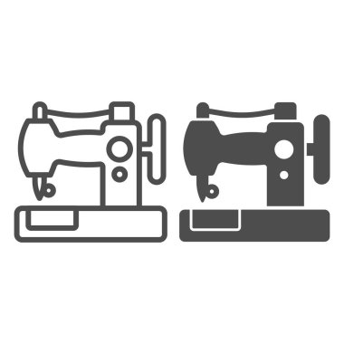 Antika mekanik dikiş makinesi hattı ve katı ikon, çalışma günü konsepti, beyaz arka planda dikiş makinesi işareti, mobil ve web tasarımı için taslak biçimli dikiş makinesi simgesi. Vektör grafikleri.